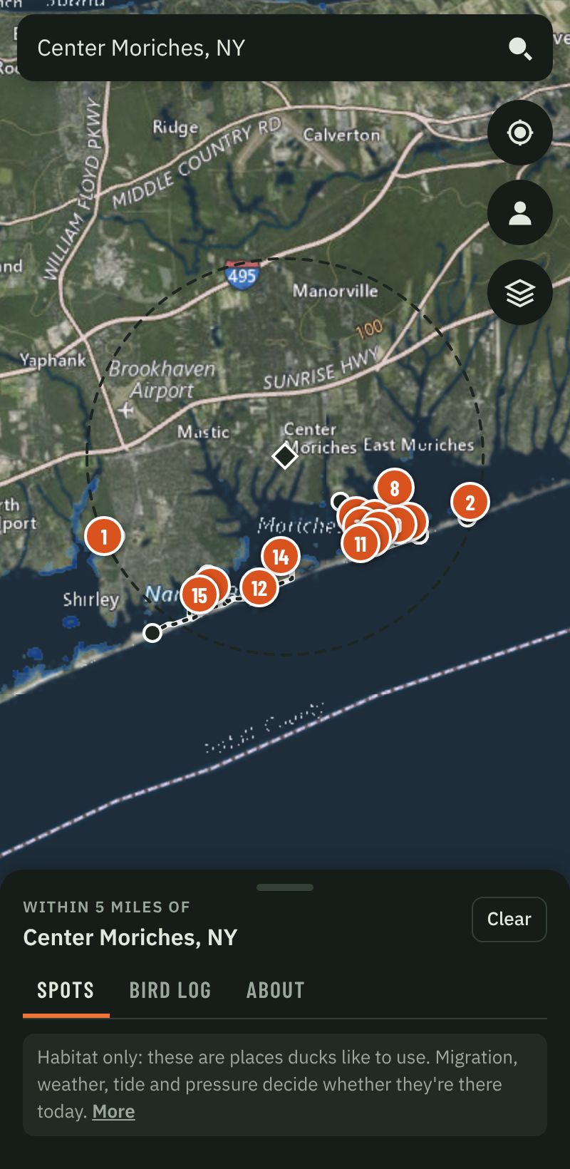 Marsh Finder on a phone: ranked duck spots around Center Moriches on an aerial map