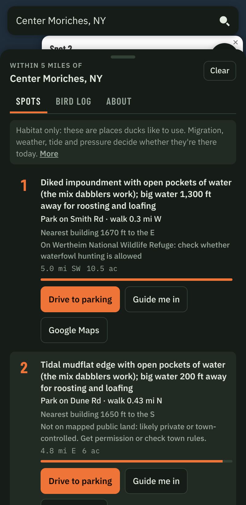 Marsh Finder spot list: reasons each spot ranks, where to park, the walk in, the nearest building and who owns the land